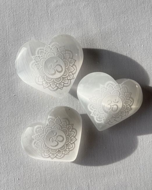 Selenite Heart Crystal OM Mandala