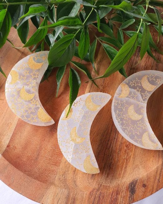 Selenite Gold Etched Moon