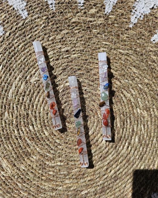 Selenite Rods wrapped with Crystal Chakra Chips